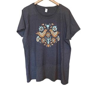 Air Waves Womens Charcoal Grey Folk Art Bird Graphic T-Shirt 2XL Short Sleeve